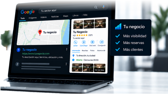 Ejemplo de un negocio apareciendo en los resultados de Google y en Google Maps, con las ventajas: más visibilidad, más reservas y más clientes.